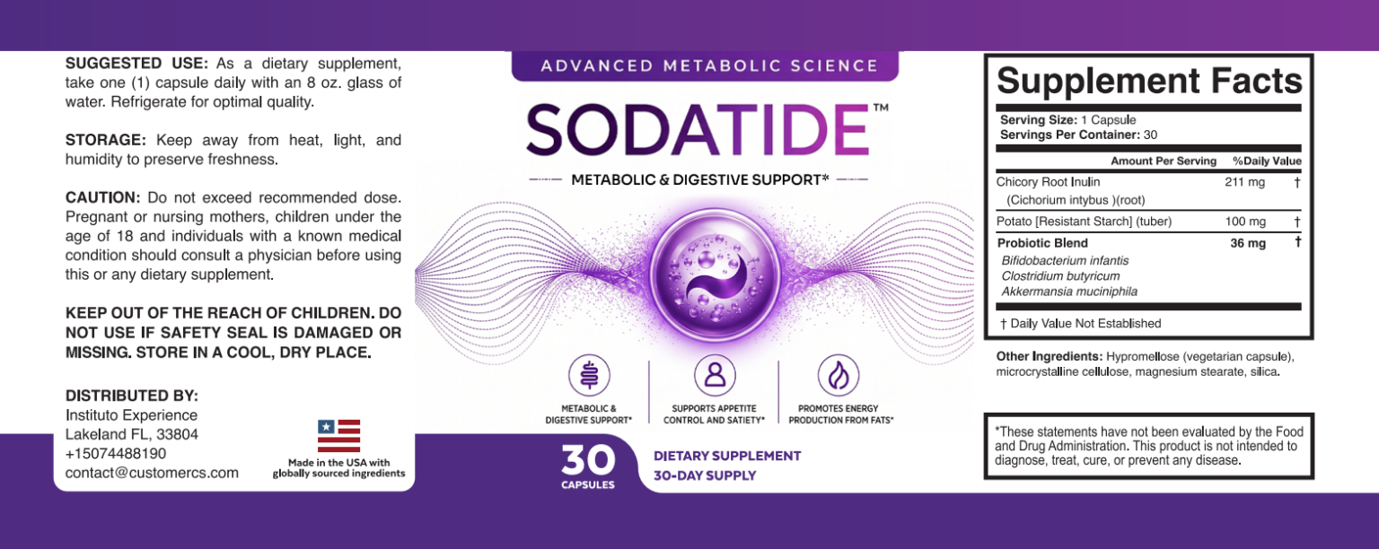 Sodatide supplement facts label showing chicory root inulin, potato resistant starch and probiotic blend amounts